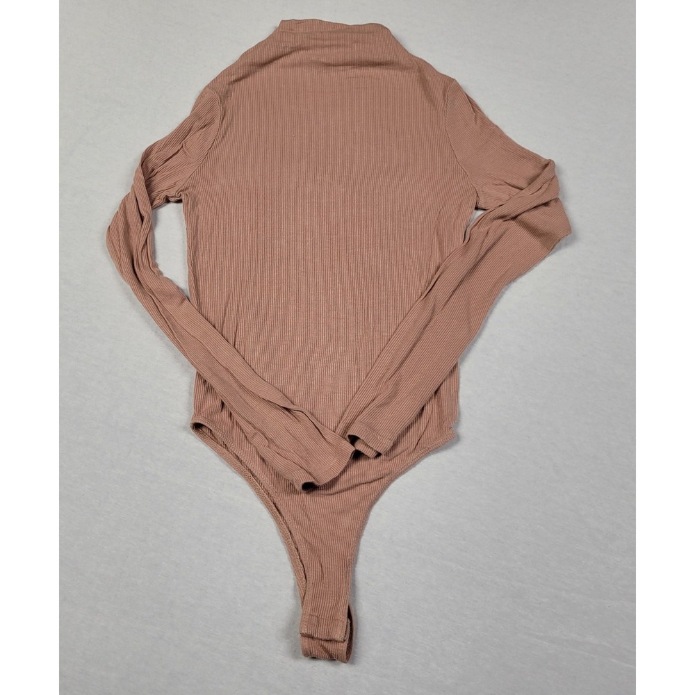 Shinestar Dusty Rose/Beige Ribbed Long Sleeve Mock Neck Bodysuit Thong Snap Sz S